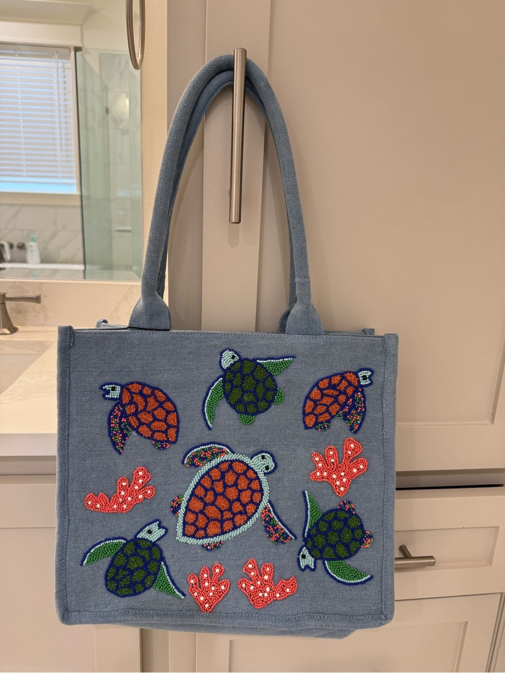 Blue Canvas Turtle-Embellished Tote Bag